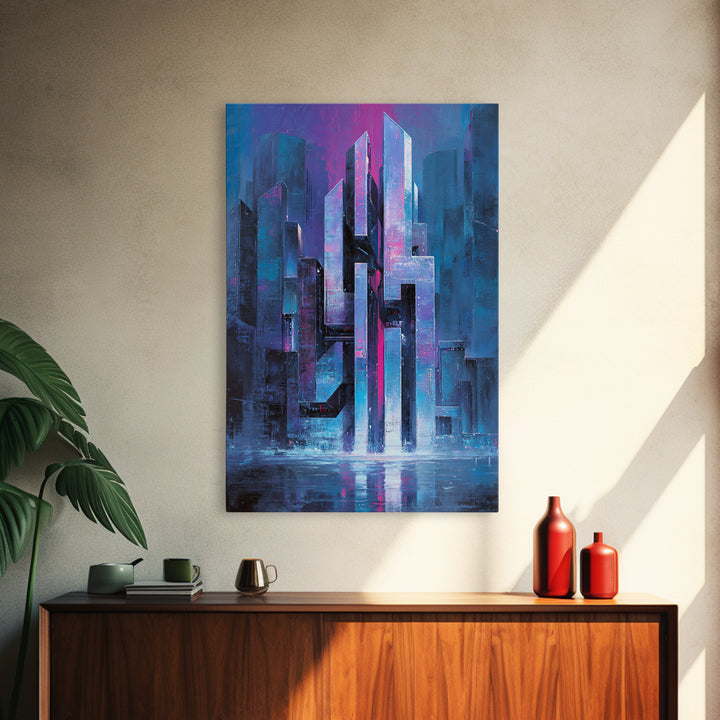 Glowing Kanji Shapes Canvas Print, Cyberpunk Art, Digital Wall Art, Living Room Decor, Abstract Art, Neon, Man Cave Decor, CYB-2x3-5