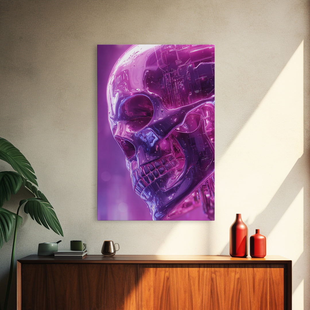 Cyberpunk Skull with Chrome and Violet Light Framed Canvas Print, Cyberpunk Art, Poster, Living Room Decor, Fine Art, Neon, CYB-2x3-52