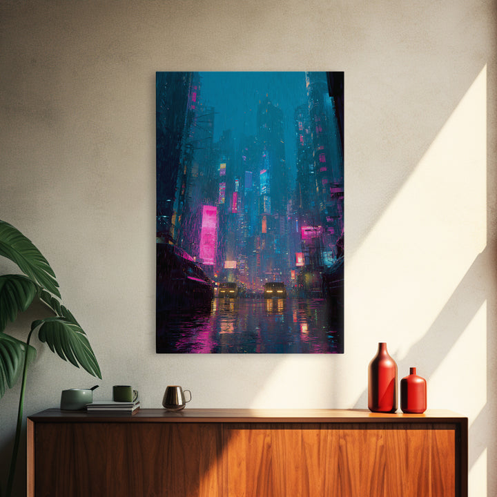 Futuristic City Skyline Canvas Print, Cyberpunk Art, Movie Posters, Living Room Decor, Abstract Art, Neon, Cyberpunk Jacket, CYB-2x3-58