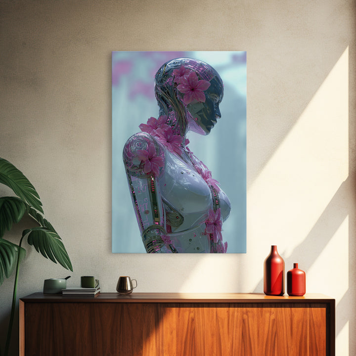 Android Woman with Glowing Circuitry and Flowers Canvas Print, Cyberpunk Art, Modern Wall Art, Living Room Decor, Neon, CYB-2x3-59