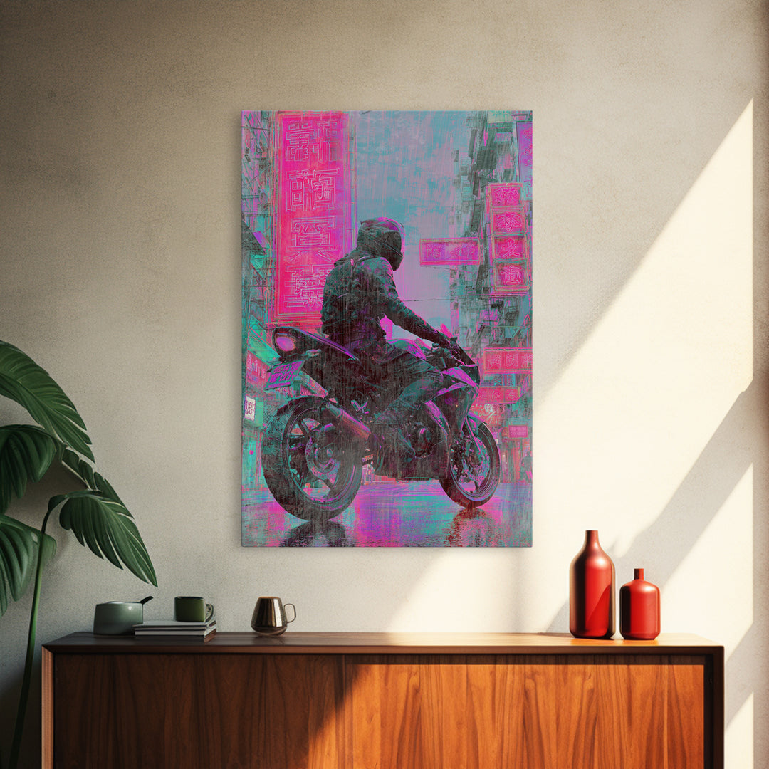 Motorcycle Rider under Holographic Signs Framed Canvas Print, Cyberpunk Art, Gothic Decor, Living Room Decor, Fine Art, Neon, CYB-2x3-60