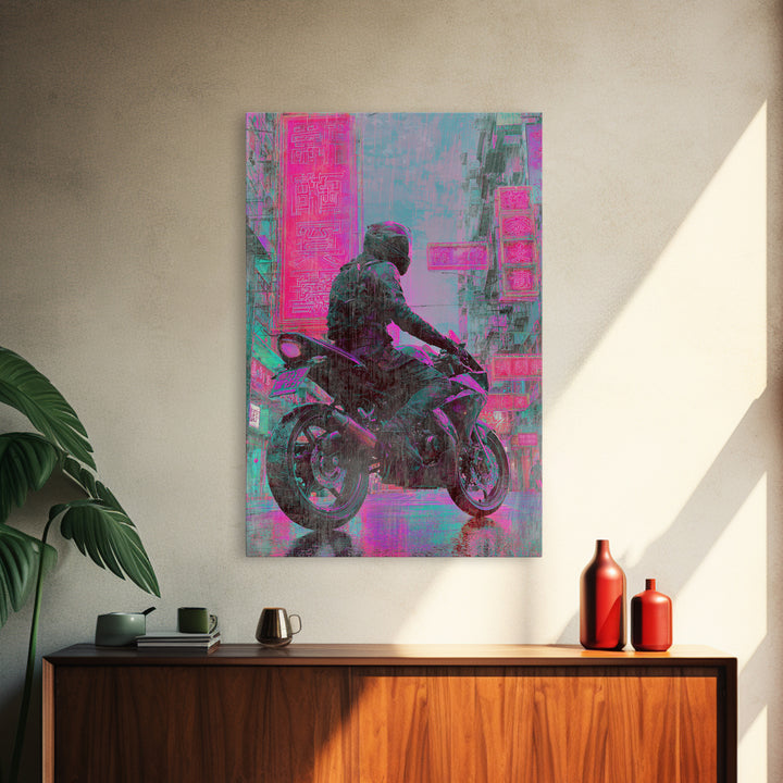 Motorcycle Rider under Holographic Signs Framed Canvas Print, Cyberpunk Art, Gothic Decor, Living Room Decor, Fine Art, Neon, CYB-2x3-60