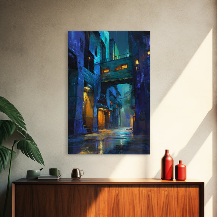 Rain Soaked Alley Framed Canvas Print, Cyberpunk Art, Art Print, Living Room Decor, Abstract Art, Neon, Blue Wall Art, CYB-2x3-64