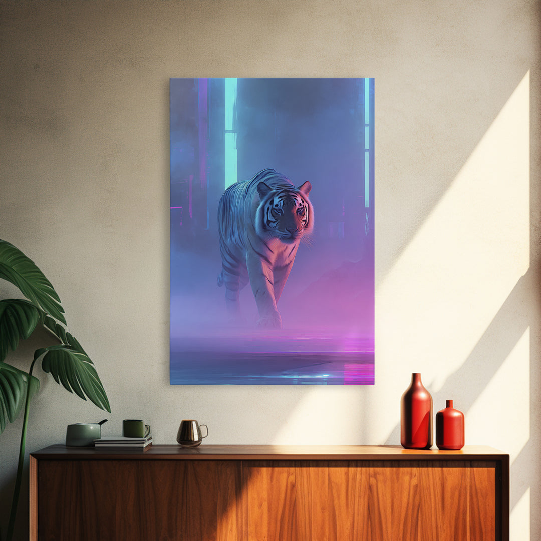 Neon Tiger Emerging from Digital Fog Canvas Print, Cyberpunk Art, Blue Wall Art, Living Room Decor, Neon, Modern Wall Decor, CYB-2x3-65