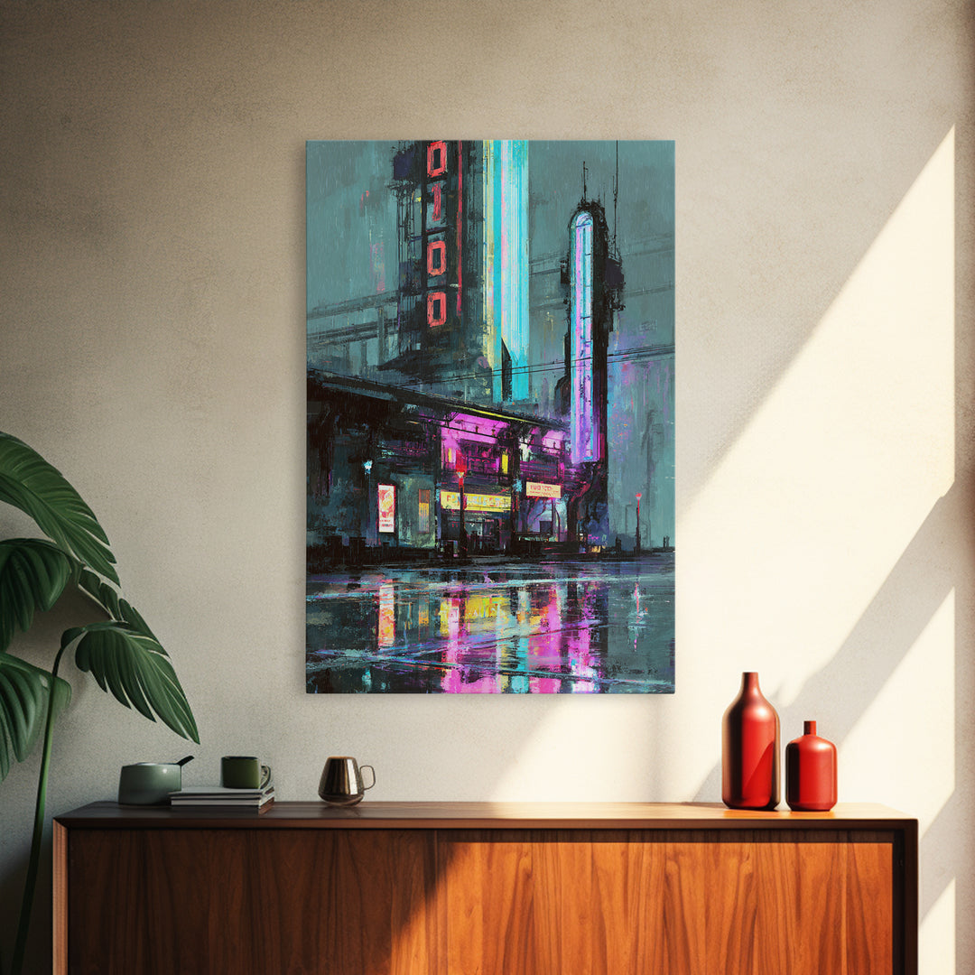 Retro Arcade Dystopia Canvas Print, Cyberpunk Art, Living Room Decor, Oil Painting, Neon, Digital Download Art, CYB-2x3-66