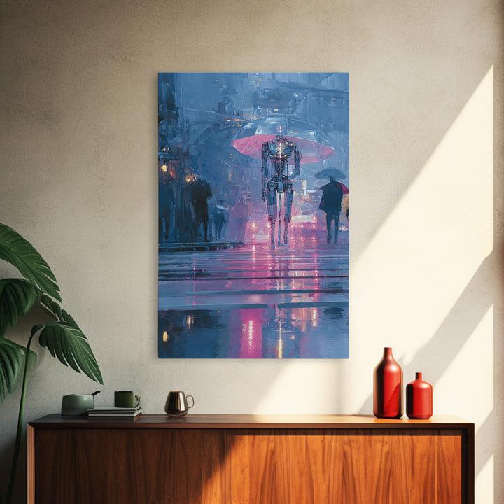 Glowing Umbrella Figure Canvas Print, Cyberpunk Art, Blue Wall Art, Living Room Decor, Fine Art, Neon, Modern Wall Decor, CYB-2x3-71