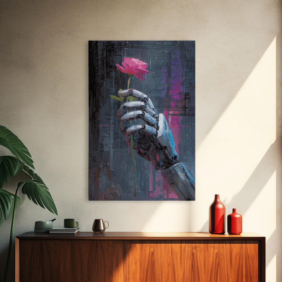 Robotic Hand Holding a Real Rose Canvas Print, Cyberpunk Art, Printable Wall Art, Living Room Decor, Oil Painting, Neon, CYB-2x3-72
