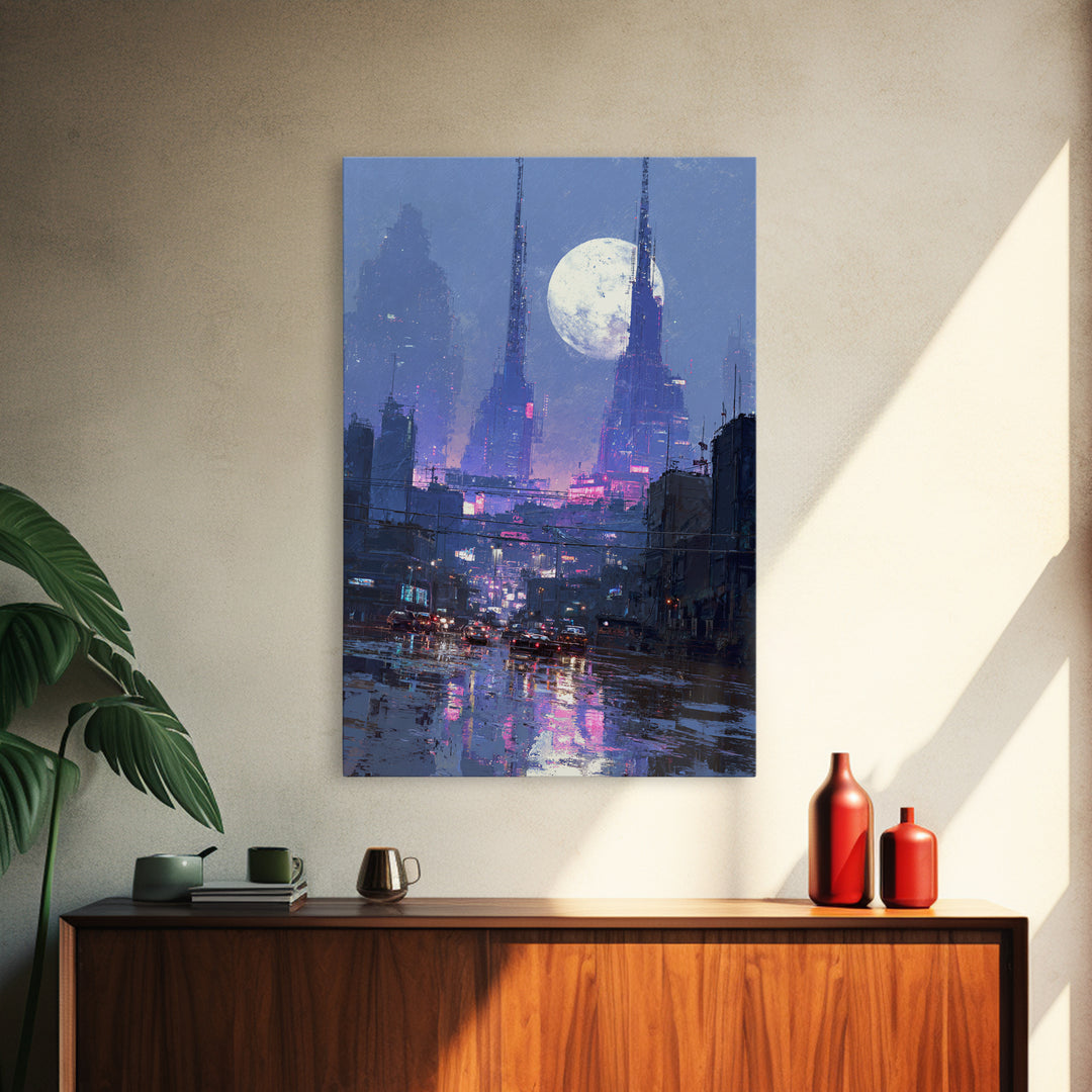 Dystopian Moon over Dense Rooftops Framed Canvas Print, Cyberpunk Art, Digital Wall Art, Living Room Decor, Watercolor Art, CYB-2x3-74
