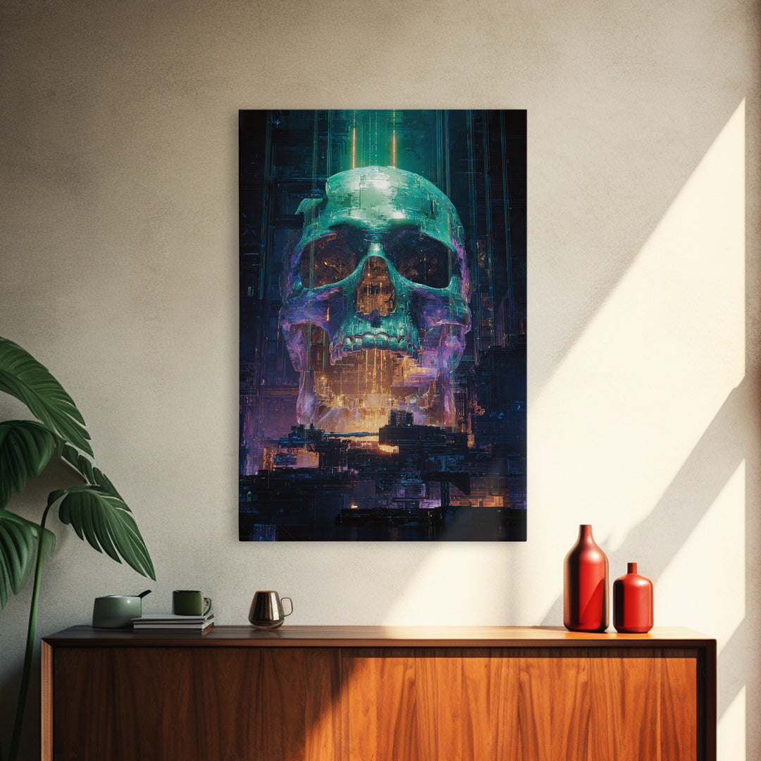Cyberpunk Skull with Chrome and Violet Light Framed Canvas Print, Cyberpunk Art, Urban Wall Art, Living Room Decor, Neon, CYB-2x3-76
