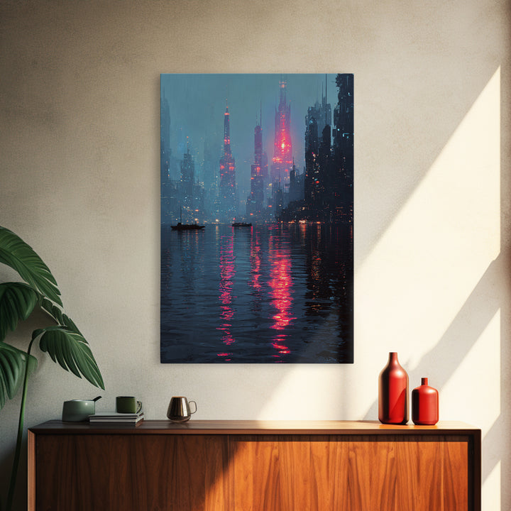 Neon Skyline Reflected Framed Canvas Print, Cyberpunk Art, Gothic Decor, Living Room Decor, Abstract Art, Neon, CYB-2x3-78