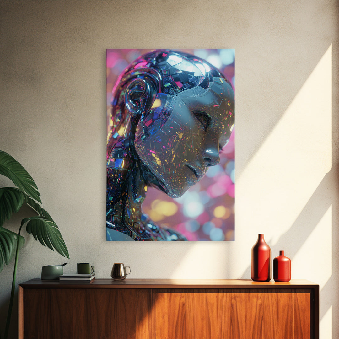 Ai Mask Portrait Framed Canvas Print, Cyberpunk Art, Fantasy Art, Living Room Decor, Oil Painting, Neon, Minimalist Decor, CYB-2x3-8