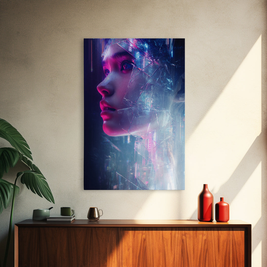 Ai Mask Portrait Framed Canvas Print, Cyberpunk Art, Digital Wall Art, Living Room Decor, Fine Art, Neon, Man Cave Decor, CYB-2x3-80