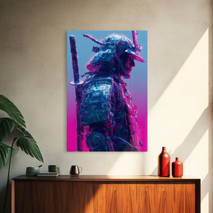 Neon Samurai Portrait Canvas Print, Cyberpunk Art, Man Cave Decor, Living Room Decor, Fine Art, Neon, Fine Art Print, CYB-2x3-81