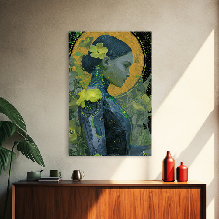 Android Woman with Glowing Circuitry and Flowers Framed Canvas Print, Cyberpunk Art, Cyberpunk Helmet, Living Room Decor, Neon, CYB-2x3-83