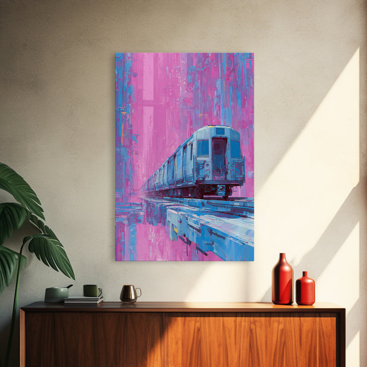 City Train Rushing Through Pink Electric Haze Framed Canvas Print, Cyberpunk Art, Cool Wall Art, Living Room Decor, Neon, CYB-2x3-93