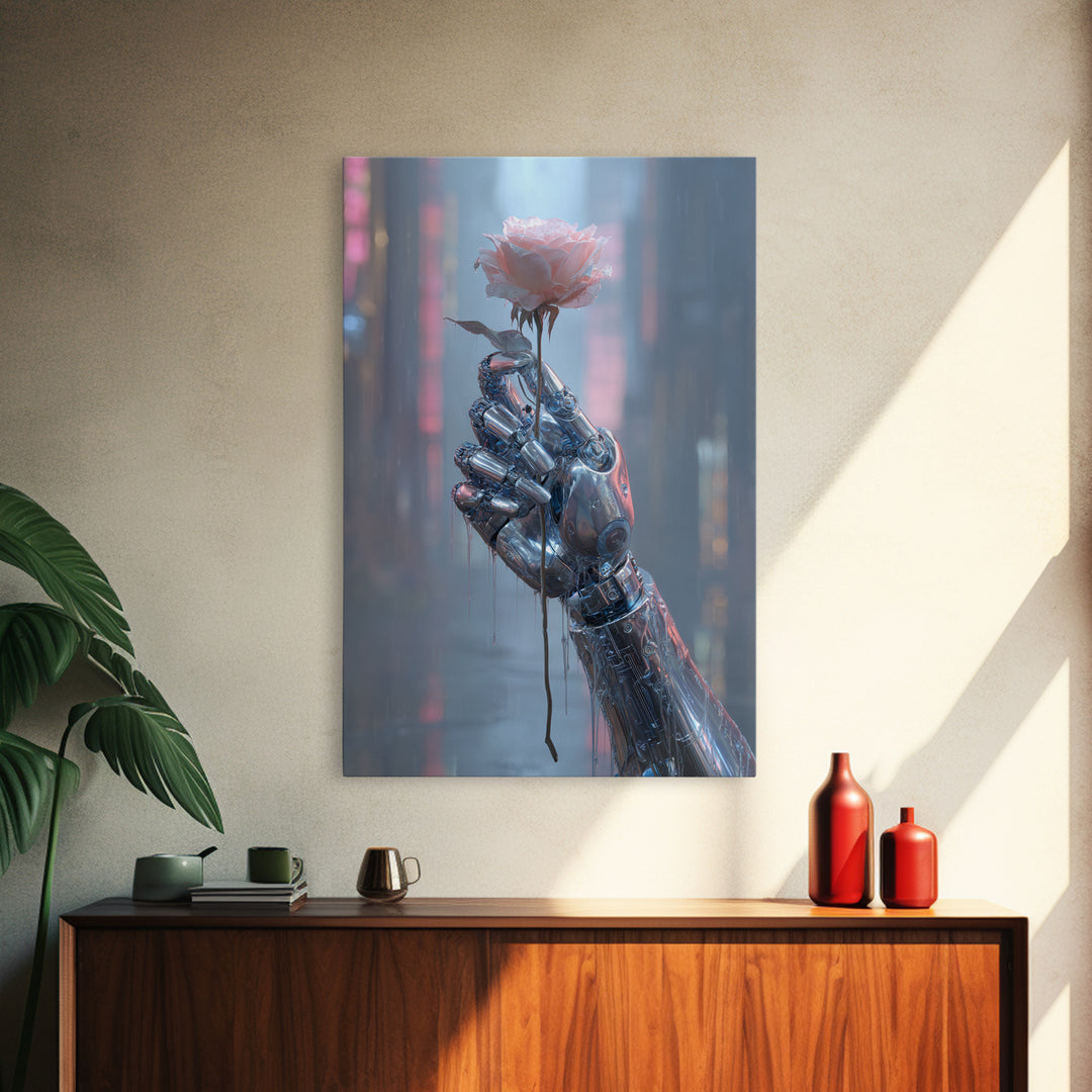 Robotic Hand Holding a Real Rose Canvas Print, Cyberpunk Art, Cool Wall Art, Living Room Decor, Fine Art, Neon, Gallery Decor, CYB-2x3-96