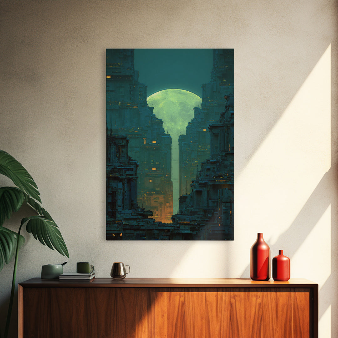 Dystopian Moon over Dense Rooftops Framed Canvas Print, Cyberpunk Art, Digital Wall Art, Living Room Decor, Watercolor Art, CYB-2x3-98