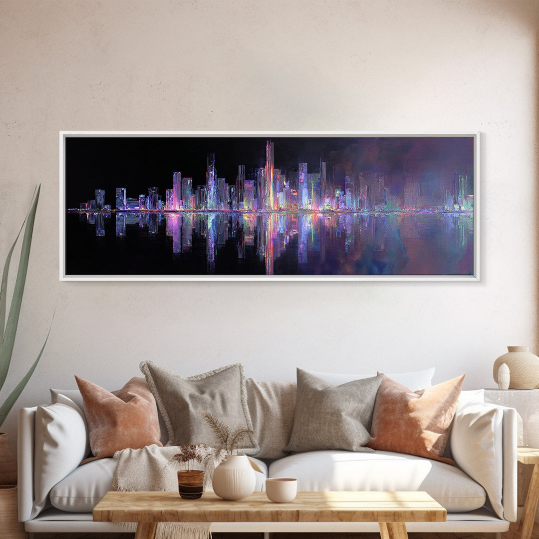 Neon Skyline Reflected Canvas Print, Cyberpunk Art, Modern Decor, Living Room Decor, Abstract Art, Neon, Poster, Wall Decor, CYB-3x1-14