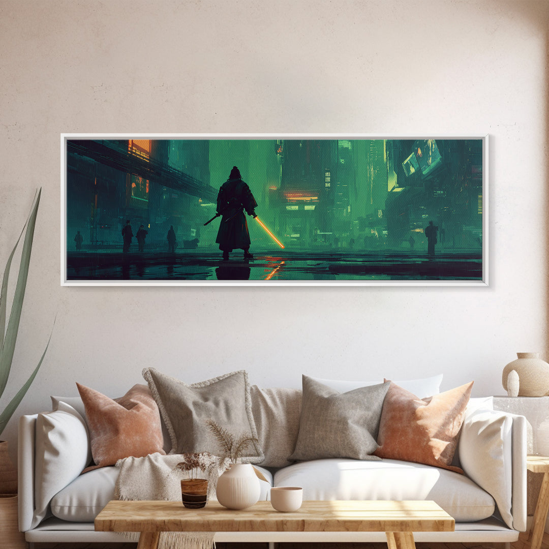 Neon Samurai Portrait Framed Canvas Print, Cyberpunk Art, Space Art, Living Room Decor, Oil Painting, Neon, Cyberpunk Wall Art, CYB-3x1-17