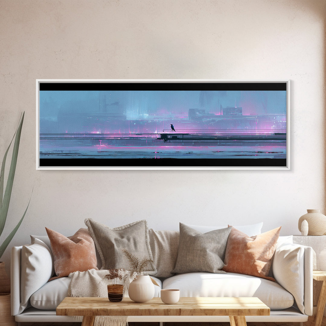 Cybernetic Raven Perched on a Cable Framed Canvas Print, Cyberpunk Art, Textured Painting, Living Room Decor, Fine Art, Neon, CYB-3x1-27