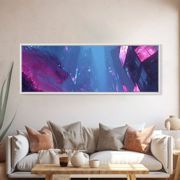 Neon Dragon Wrapped Around Skyscraper Shapes Canvas Print, Cyberpunk Art, Art Print, Living Room Decor, Abstract Art, Neon, CYB-3x1-30
