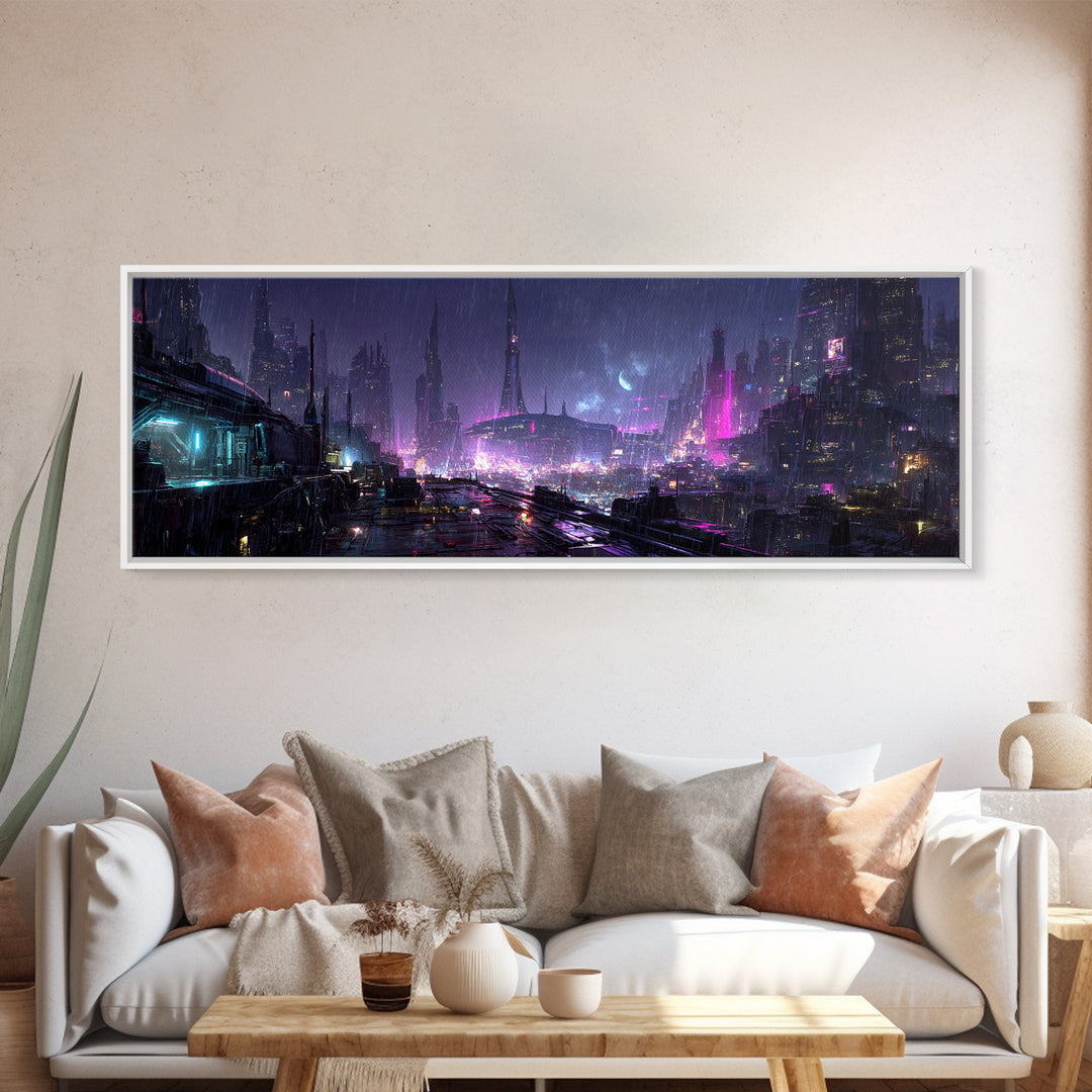 Dystopian Moon over Dense Rooftops Canvas Print, Cyberpunk Art, Canvas Wall Art, Living Room Decor, Abstract Art, Neon, CYB-3x1-34