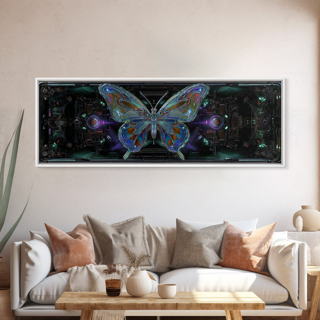 Holographic Butterfly over Black Metal Surface Canvas Print, Cyberpunk Art, Minimalist Decor, Living Room Decor, Fine Art, Neon, CYB-3x1-35