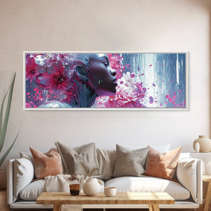 Android Woman with Glowing Circuitry and Flowers Canvas Print, Cyberpunk Art, Digital Art, Living Room Decor, Fine Art, Neon, CYB-3x1-43
