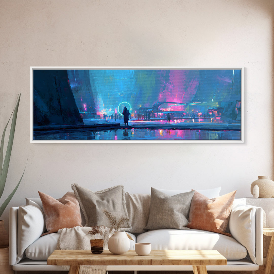 Masked Hacker Figure Canvas Print, Cyberpunk Art, Cyberpunk Decor, Living Room Decor, Neon, Modern Decor, Fine Art Print, CYB-3x1-46