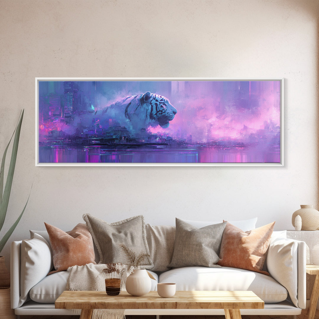 Neon Tiger Emerging from Digital Fog Canvas Print, Cyberpunk Art, Cyberpunk Helmet, Living Room Decor, Abstract Art, Neon, CYB-3x1-49