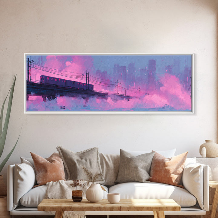 City Train Rushing Through Pink Electric Haze Framed Canvas Print, Cyberpunk Art, Japanese Art, Living Room Decor, CYB-3x1-5