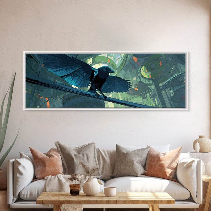 Cybernetic Raven Perched on a Cable Framed Canvas Print, Cyberpunk Art, Cyberpunk 2077, Living Room Decor, Fine Art, Neon, CYB-3x1-51