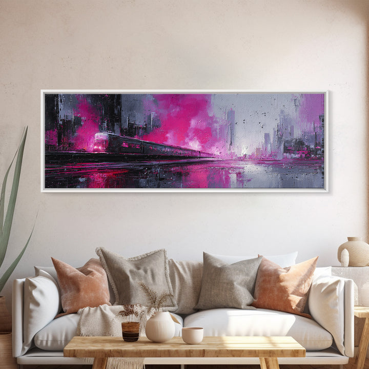 City Train Rushing Through Pink Electric Haze Framed Canvas Print, Cyberpunk Art, Minimalist Poster, Living Room Decor, Neon, CYB-3x1-53