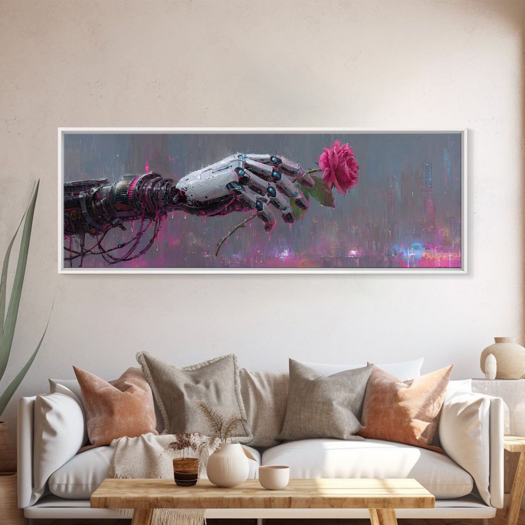 Robotic Hand Holding a Real Rose Framed Canvas Print, Cyberpunk Art, Minimalist Decor, Living Room Decor, Fine Art, Neon, CYB-3x1-56