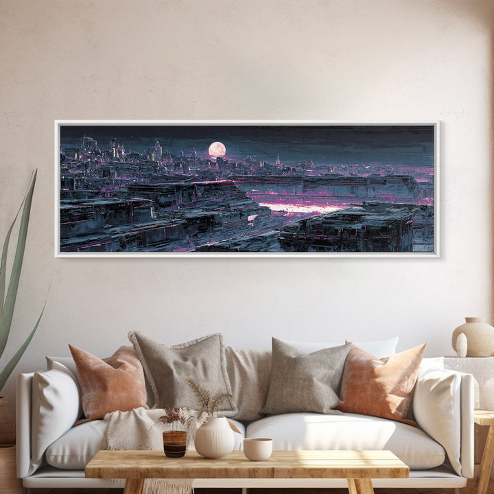 Dystopian Moon over Dense Rooftops Framed Canvas Print, Cyberpunk Art, Blue Wall Art, Living Room Decor, Fine Art, Neon, CYB-3x1-58