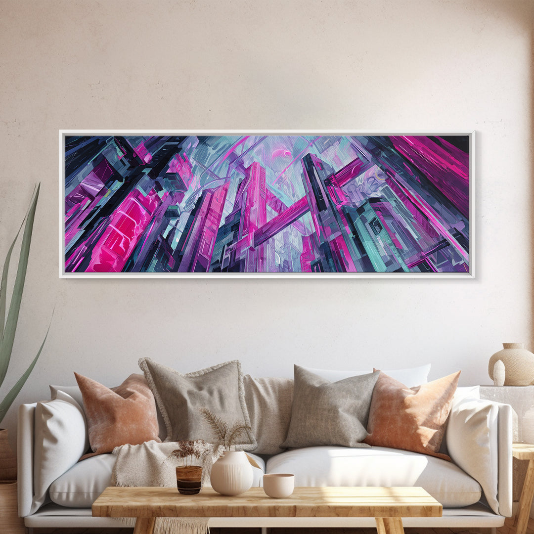 Neon Dragon Wrapped Around Skyscraper Shapes Canvas Print, Cyberpunk Art, Urban Wall Art, Living Room Decor, Abstract Art, Neon, CYB-3x1-6
