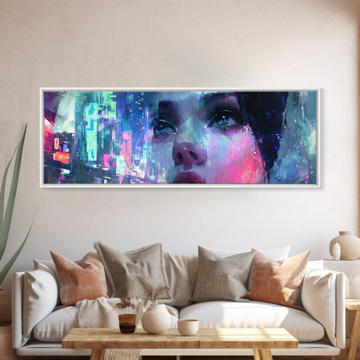 Ai Mask Portrait Framed Canvas Print, Cyberpunk Art, Luxury Decor, Living Room Decor, Fine Art, Neon, Printable Wall Art, CYB-3x1-64