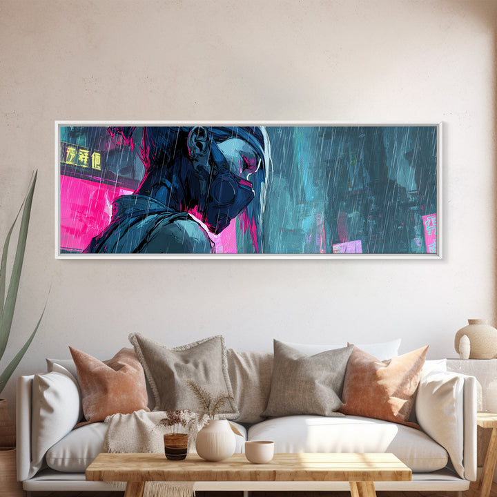 Neon Samurai Portrait Canvas Print, Cyberpunk Art, Modern Wall Decor, Living Room Decor, Fine Art, Neon, Contemporary Art, CYB-3x1-65