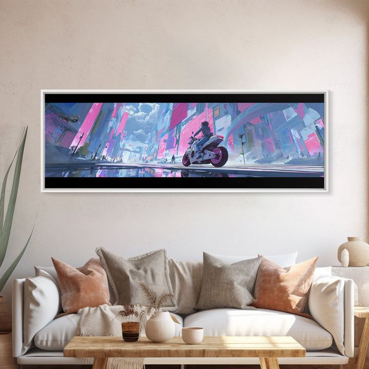 Motorcycle Rider under Holographic Signs Framed Canvas Print, Cyberpunk Art, Home Decor, Living Room Decor, Fine Art, Neon, CYB-3x1-68