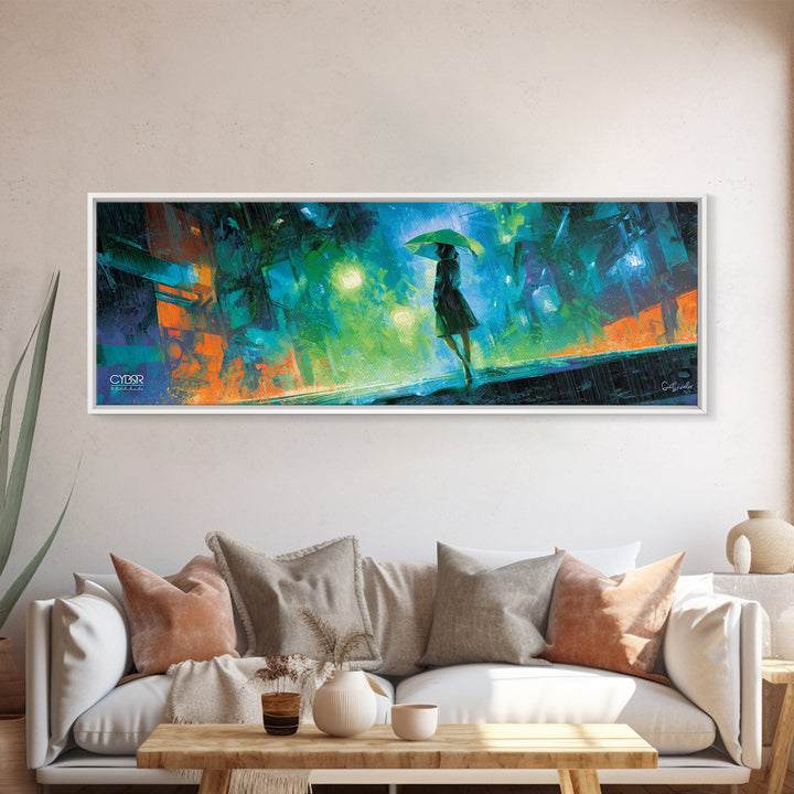 Glowing Umbrella Figure Framed Canvas Print, Cyberpunk Art, Statement Artwork, Living Room Decor, Fine Art, Neon, Art Print, CYB-3x1-7