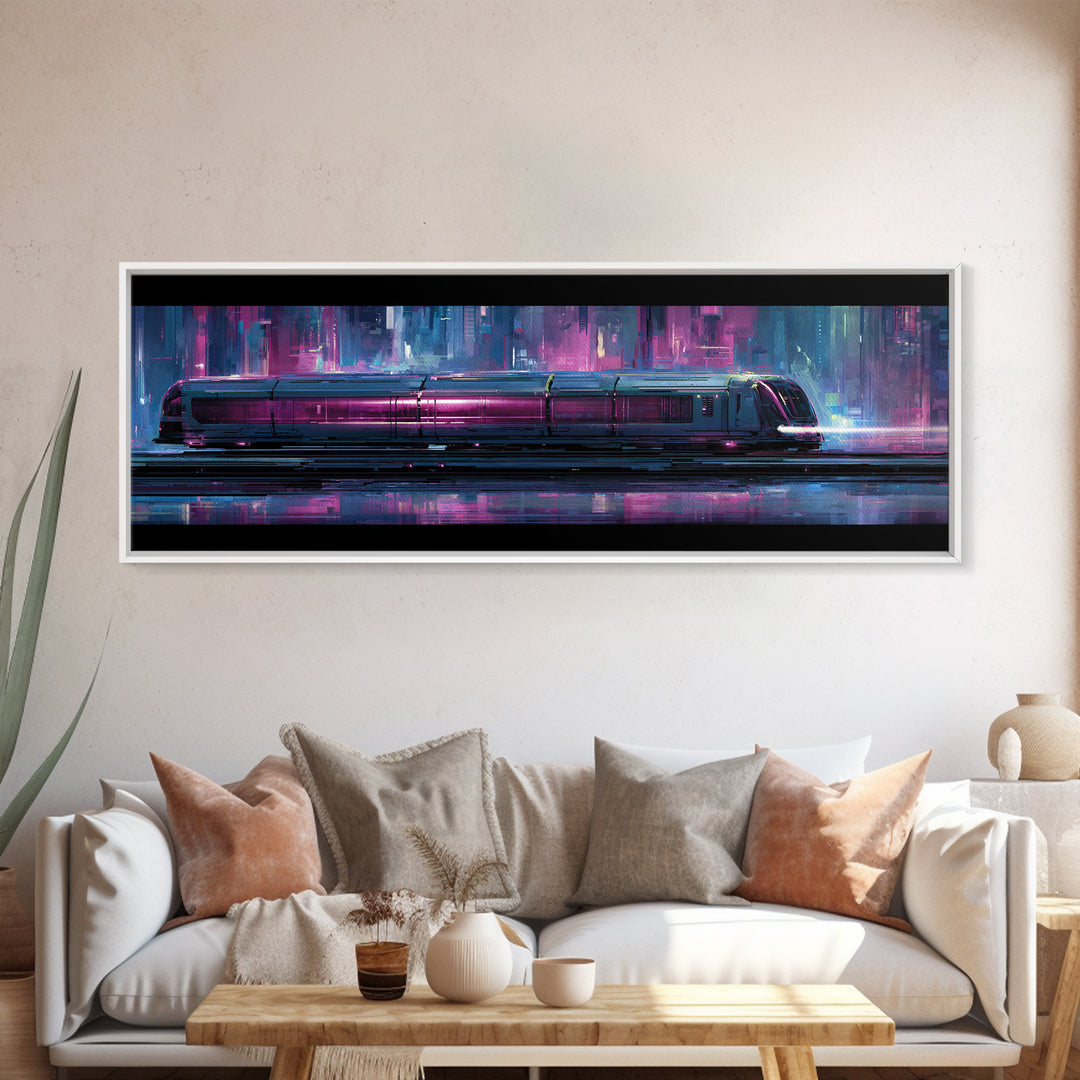 City Train Rushing Through Pink Electric Haze Framed Canvas Print, Cyberpunk Art, Minimalist Poster, Living Room Decor, Neon, CYB-3x1-77