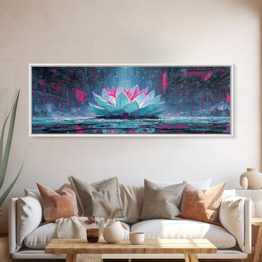 Electric Lotus Flower Framed Canvas Print, Cyberpunk Art, Cyberpunk Tarot, Living Room Decor, Watercolor Art, Neon, CYB-3x1-81