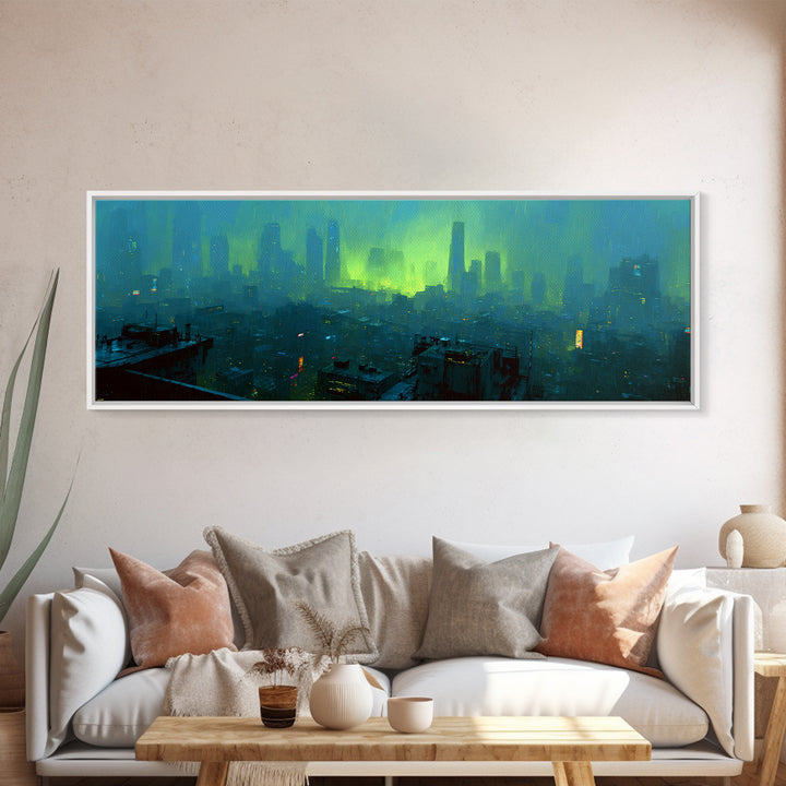 Dystopian Moon over Dense Rooftops Framed Canvas Print, Cyberpunk Art, Blue Wall Art, Living Room Decor, Fine Art, Neon, CYB-3x1-82