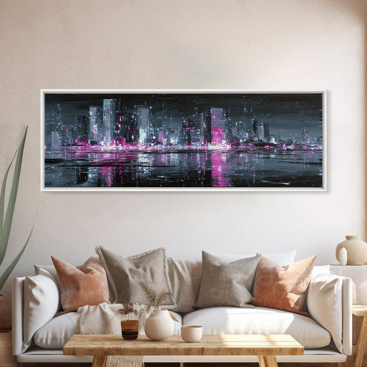 Neon Skyline Reflected Canvas Print, Cyberpunk Art, Japanese Art, Living Room Decor, Abstract Art, Neon, Cyberpunk Tarot, CYB-3x1-86