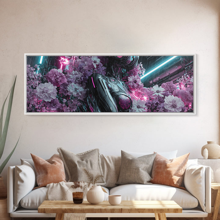 Android Woman with Glowing Circuitry and Flowers Canvas Print, Cyberpunk Art, Digital Art, Living Room Decor, Fine Art, Neon, CYB-3x1-91