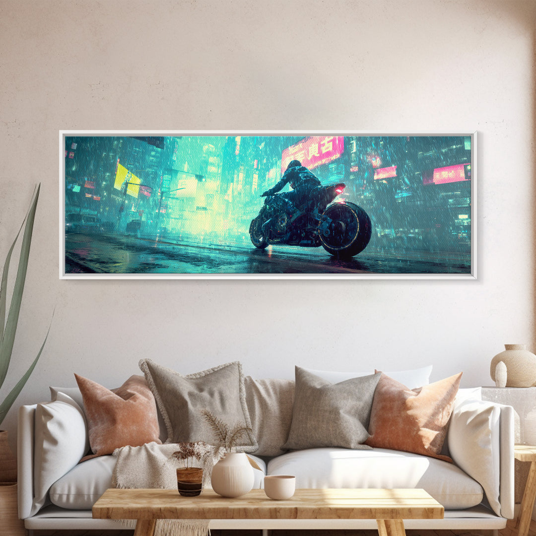 Motorcycle Rider under Holographic Signs Canvas Print, Cyberpunk Art, Printable Wall Art, Living Room Decor, Fine Art, Neon, CYB-3x1-92