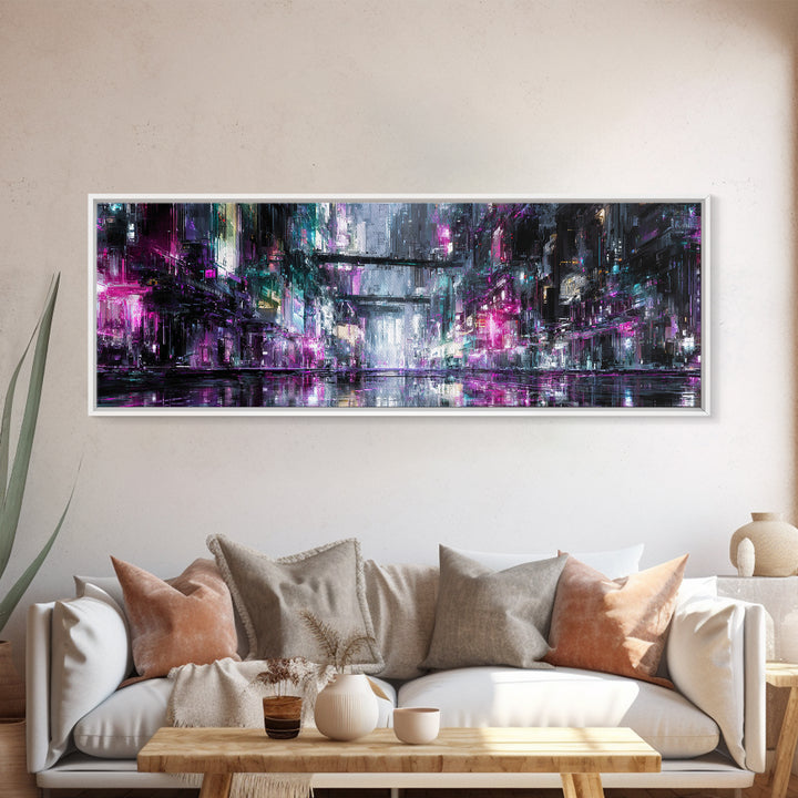 Rain Soaked Alley Canvas Print, Cyberpunk Art, Textured Painting, Living Room Decor, Abstract Art, Neon, Digital Wall Art, CYB-3x1-96