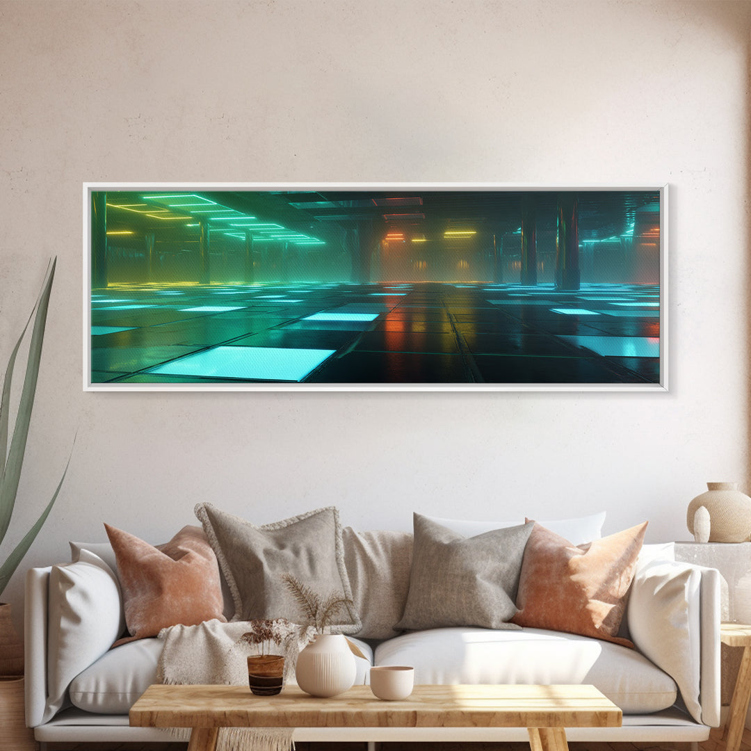 Retro Arcade Dystopia Canvas Print, Cyberpunk Art, Minimalist Poster, Living Room Decor, Fine Art, Neon, Textured Painting, CYB-3x1-98