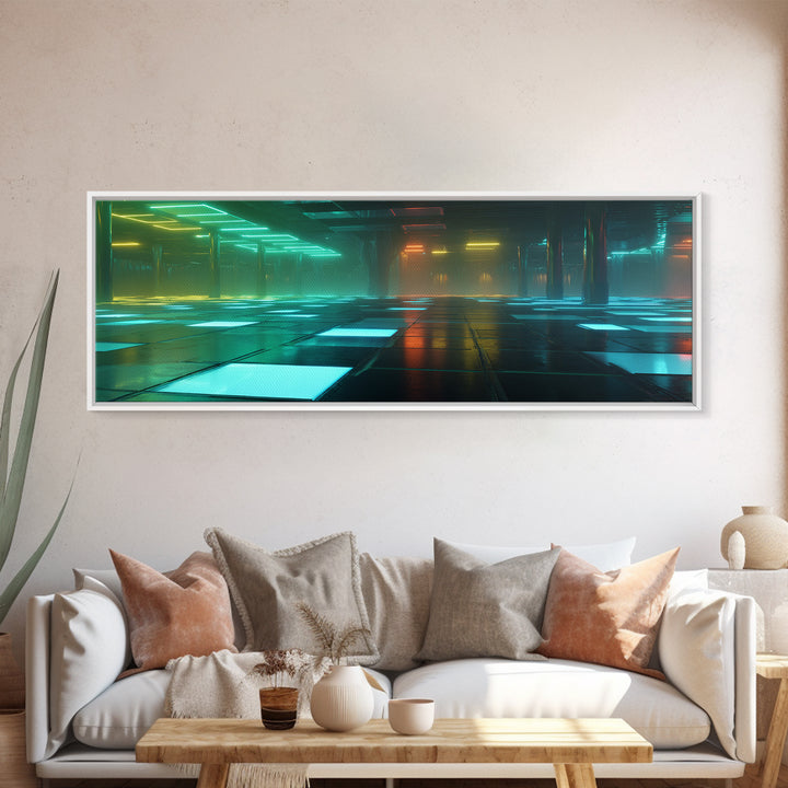 Retro Arcade Dystopia Canvas Print, Cyberpunk Art, Minimalist Poster, Living Room Decor, Fine Art, Neon, Textured Painting, CYB-3x1-98