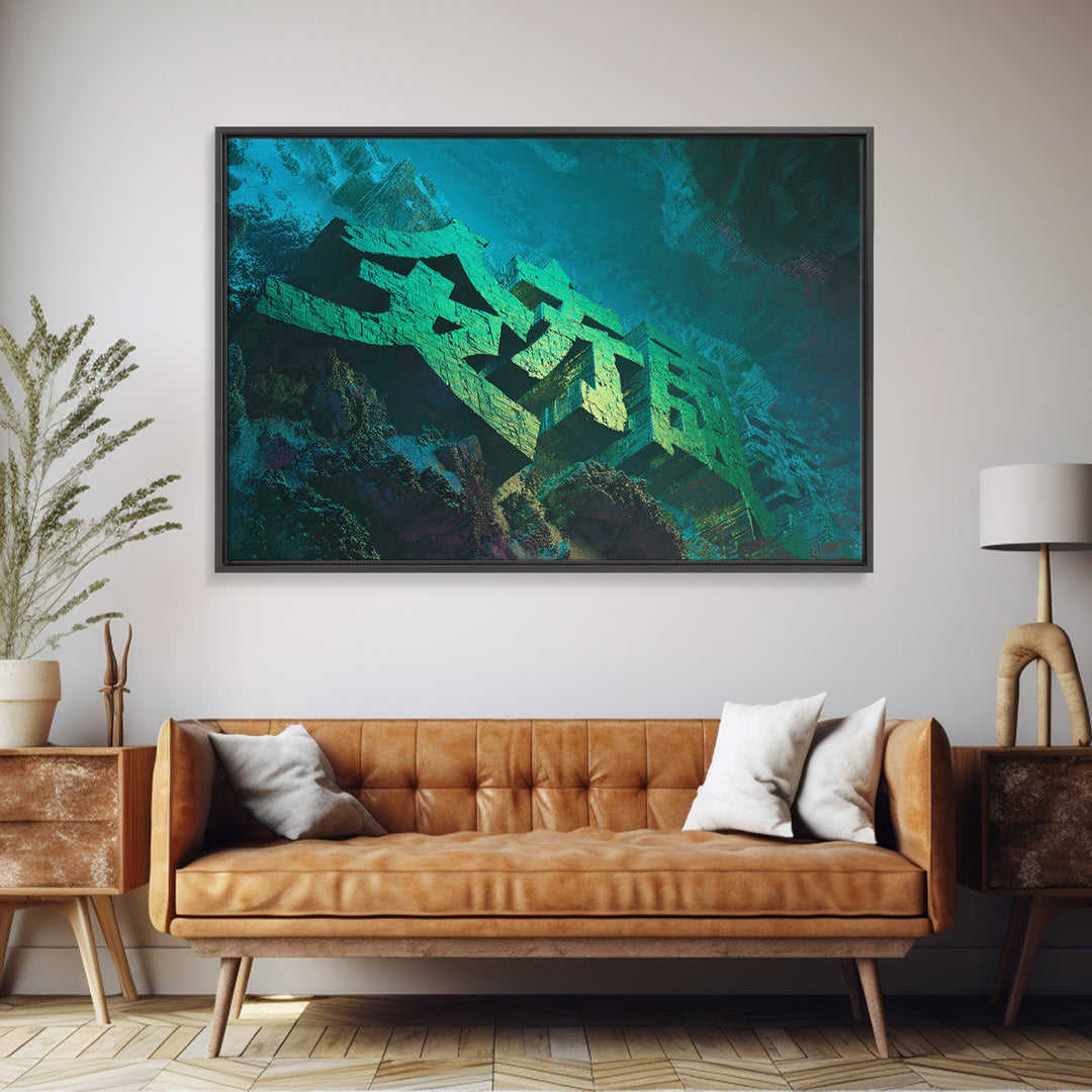 Glowing Kanji Shapes Canvas Print, Cyberpunk Art, Cyberpunk Decor, Living Room Decor, Abstract Art, Neon, Modern Decor, CYB-3x2-1